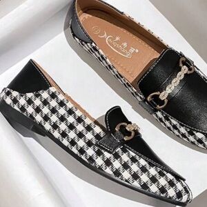 VINTAGE🐝TWEED&FAUX LEATHER SQUARE-TOE FLAT